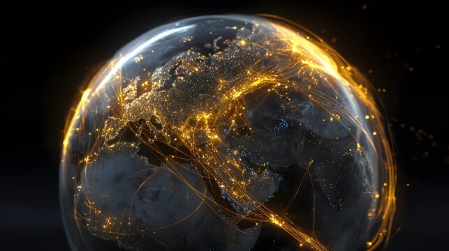 Glowing digital pathways illuminate the planet surface showing global connectivity at night