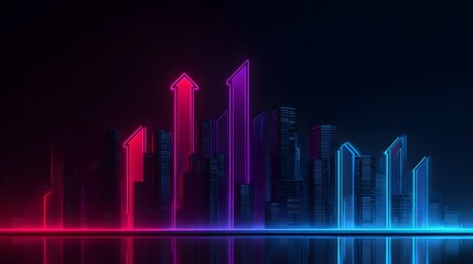 Glowing neon upward arrows rise above a dark cityscape reflecting on a wet surface