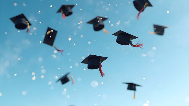 Graduation caps in the sky. Celebrating graduation day moments. Ultra-realistic graduation photos. Bright blue sky backgrounds for graduation.