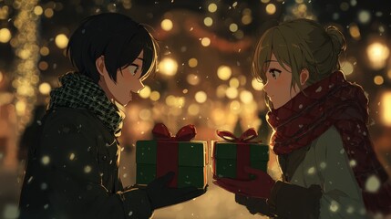 Romantic Winter Gift Exchange in a Magical Snowy Setting