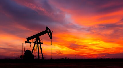 Industrial oil extraction machinery stands silhouetted against a dramatically colored twilight sky.