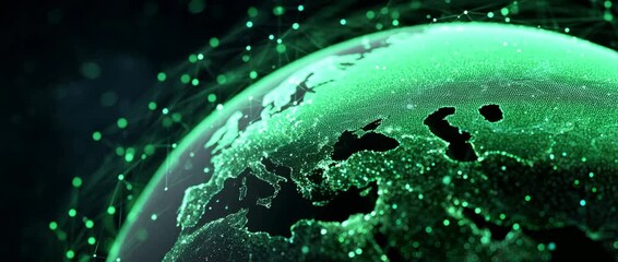 Digital Earth globe with green glowing network grid - Powered by Adobe