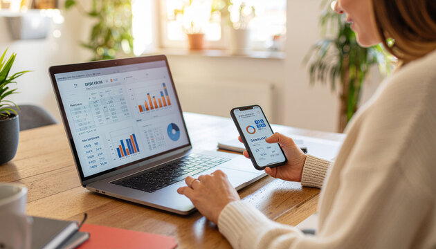 Professional analyzing business data on laptop and smartphone