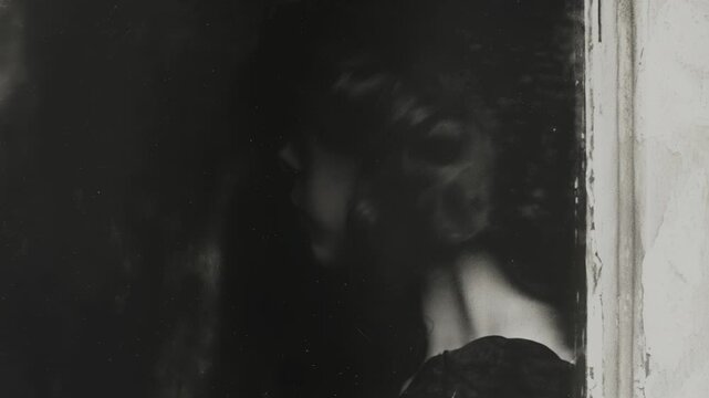 Melancholic victorian woman looking through a window