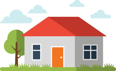 Simple modern house illustration with red roof, tree, grass and blue sky, real estate concept, cozy home exterior graphic
