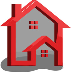 Creative modern house icon with red outline, real estate logo design, 3D architecture concept, home symbol illustration on white background.