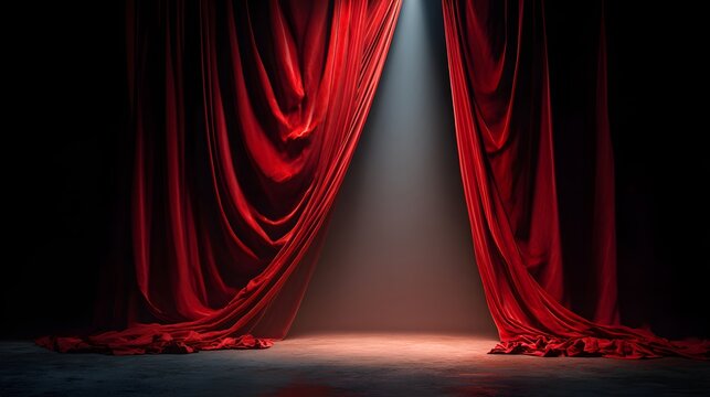 Dramatic heavy velvet drapery opens revealing an empty illuminated stage floor