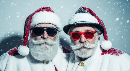 Close-up of two bearded individuals in Santa Claus costumes, wearing sunglasses, with falling snow, symbolizing festive cheer and holiday spirit