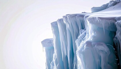 A detailed view of a cliff covered in ice and snow, with long icicles hanging down.