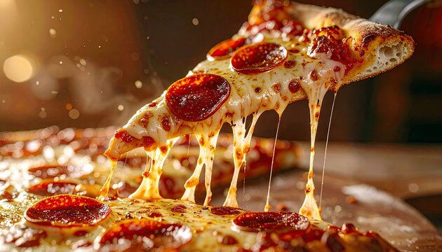 A mouthwatering slice of pepperoni pizza is lifted, showcasing long strands of melted cheese stretching and dripping, with steam rising from the hot pizza.