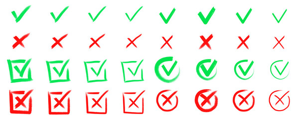 vector alphabet letters, Check tick mark icon set. Cross box x check mark checkbox v list vector draw hand drawn sketch doodle brush marker checklist symbol wrong right circle. Vector Illustration