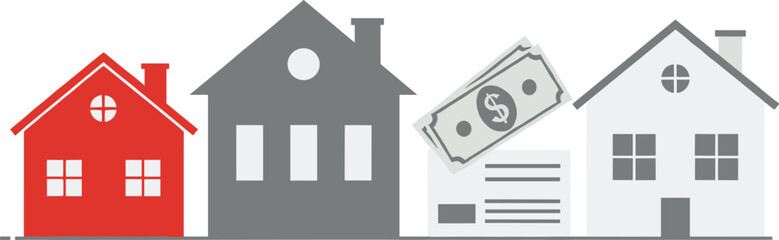 Real estate investment concept illustration with houses and dollar bills, property value growth, mortgage finance, and home ownership economy design