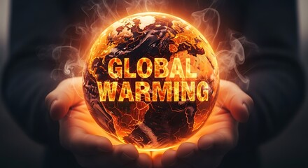 Hands holding a glowing earth with the words global warming burning on its surface, representing climate change and environmental crisis
