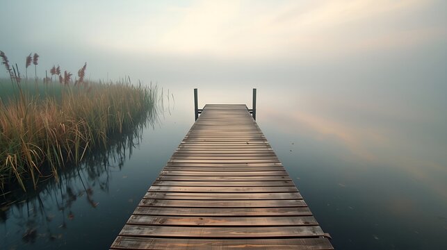 Wooden Pier into Misty Pastel Waterscape