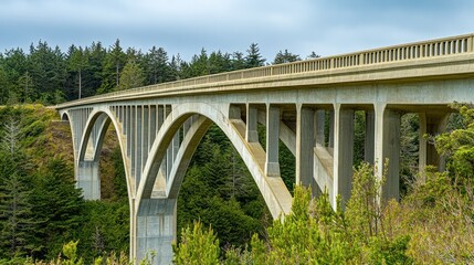 Majestic concrete arch bridge spanning valley, forested hills in background