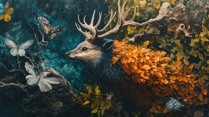Majestic deer, autumn forest, butterflies, surreal art, nature scene
