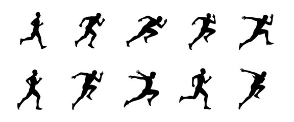 Man running silhouette. Male runner in motion. Running man silhouette vector set.