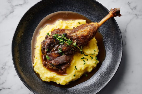 Indulge in delicious duck confit served over creamy mashed potatoes with savory sauce, a culinary delight perfect for fine dining menus and restaurant promotions - Powered by Adobe