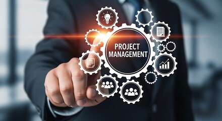Businessman touching a digital interface with project management gears and icons, symbolizing planning and execution