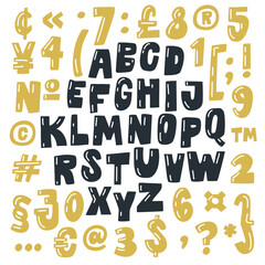 The image is a vector set of letters, numbers, and a set of punctuation marks. A quirky playful font in a childish style. Latin alphabet