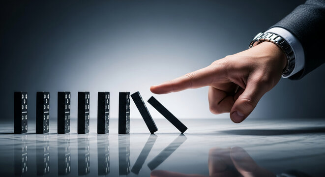 Row of black domino tile on a reflective surface, with a hand pushing over the tiles, representing cause and effect, influence, or business risk