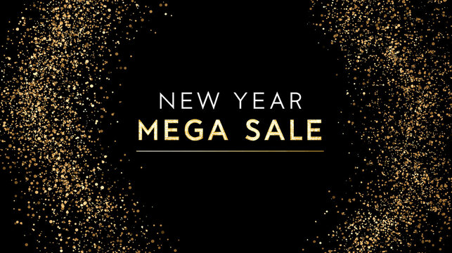 Sparkling New Year Mega Sale Announcement on Elegant Black Backdrop