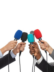 Multiple diverse hands holding colorful microphones upwards for an interview or press conference, journalism concept, isolated on transparent background