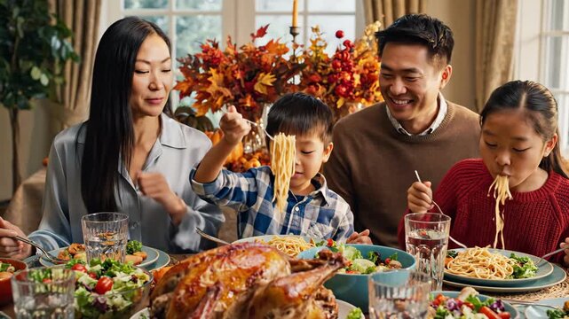 Happy asian family enjoying a thanksgiving dinner at home with a roasted turkey and autumn decorations on the table happy thanksgiving