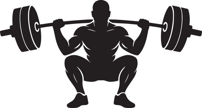 Silhouette of a muscular man performing a barbell squat exercise in a gym