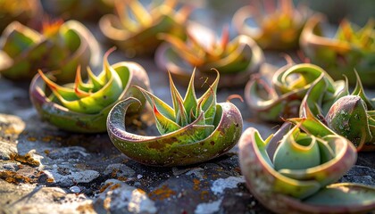 A group of unique succulent plants with vibrant green, curled leaves and reddish tips, growing on textured rocks.