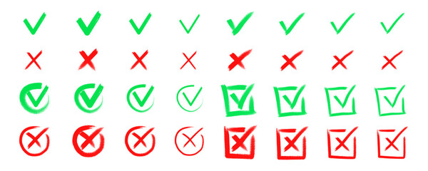 Vector Illustration, Check tick mark icon set. Cross box x check mark checkbox v list vector draw hand drawn sketch doodle brush marker checklist symbol wrong right circle. 
