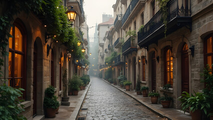 Obraz premium Historic cobblestone streets in rain. Ultra-realistic rainy scenes. Charming old town cobblestones. Serene rainy day ambiance in historic cities.