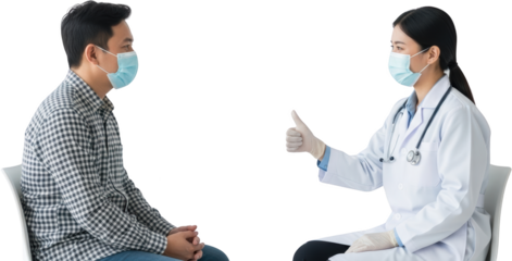 Doctor and patient wearing face masks in consultation doctor gives thumbs up medical health healthcare transparent background