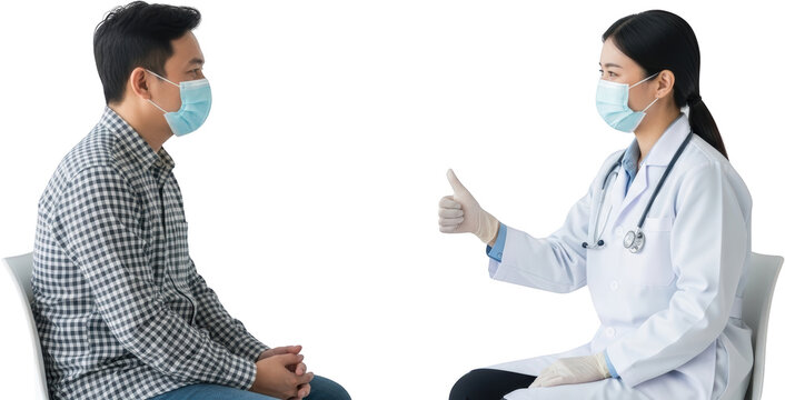 Doctor and patient wearing face masks in consultation doctor gives thumbs up medical health healthcare transparent background
