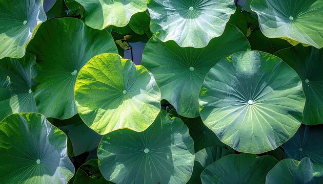 A dense cluster of large, round, green lotus leaves with visible veins and a central stem, floating on dark water.