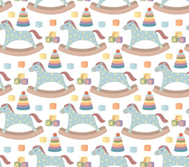 Seamless pattern with wooden rocking horse, pyramid and alphabet blocks. Background of cute childhood toys
