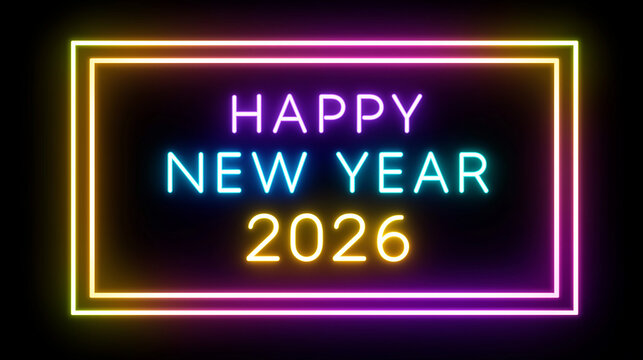 Glowing Neon "Happy New Year 2026" Sign on Black Background