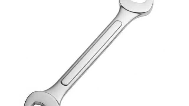Dynamic studio shot of a shiny metal wrench moving and rotating against a clean white background,