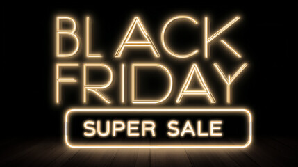 Striking Black Friday Super Sale Neon Sign with Wooden Floor Effect