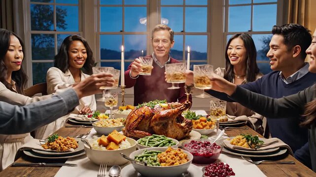A diverse group of friends and family gather around a table to celebrate thanksgiving with a delicious turkey dinner happy thanksgiving