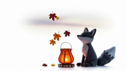 Autumn Fox with Lantern. A cute fox sits beside a glowing lantern as autumn leaves fall around it. - Powered by Adobe