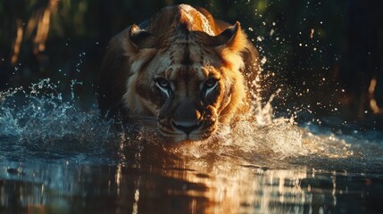Majestic Lioness Charging Through Water in African Savanna