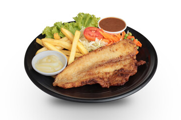 Fish steak with mixed vegetables on white background isolated