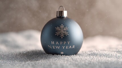 Elegant Happy New Year ornament with snowflake detail in a winter wonderland setting