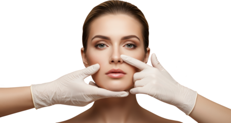 Close up portrait of a woman's face with fingers in white gloves touching her nose area for aesthetic examination transparent background
