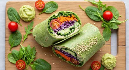 Healthy vegan wraps with fresh vegetables on cutting board