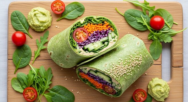 Healthy vegan wraps with fresh vegetables on cutting board