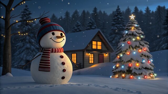 Joyful snowman and festive christmas tree in a winter wonderland scene
