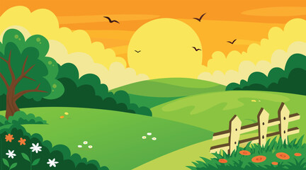 Fototapeta premium Scenic countryside landscape with sunset and birds