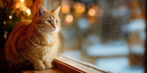 Ginger cat with blue eyes sits on windowsill gazing at falling snow beyond frosty glass near Christmas tree lights. Curious feline winter wonder, cozy holiday contemplation vibe.